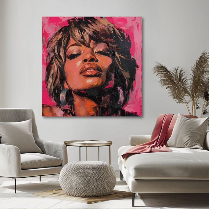 Pictat manual tablou pe pânză cu motivul Tina Turner - Regină rocku, căști în maro nuanțe, atmosferă senzuală, frumusețe | Tablou Tina Turner - Regină rocku – produs, vedere 2