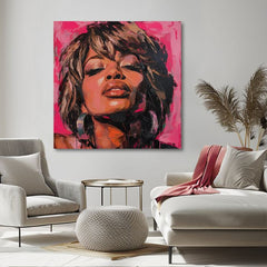 Pictat manual tablou pe pânză cu motivul Tina Turner - Regină rocku, căști în maro nuanțe, atmosferă senzuală, frumusețe | Tablou Tina Turner - Regină rocku – produs, vedere 2