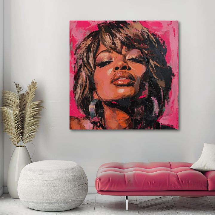 Pictat manual tablou pe pânză cu motivul Tina Turner - Regină rocku, căști în maro nuanțe, atmosferă senzuală, frumusețe | Tablou Tina Turner - Regină rocku – produs