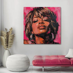Pictat manual tablou pe pânză cu motivul Tina Turner - Regină rocku, căști în maro nuanțe, atmosferă senzuală, frumusețe | Tablou Tina Turner - Regină rocku – produs