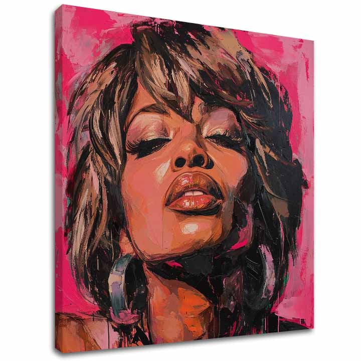Pictat manual tablou pe pânză cu motivul Tina Turner - Regină rocku, căști în maro nuanțe, atmosferă senzuală, frumusețe | Tablou Tina Turner - Regină rocku – principală