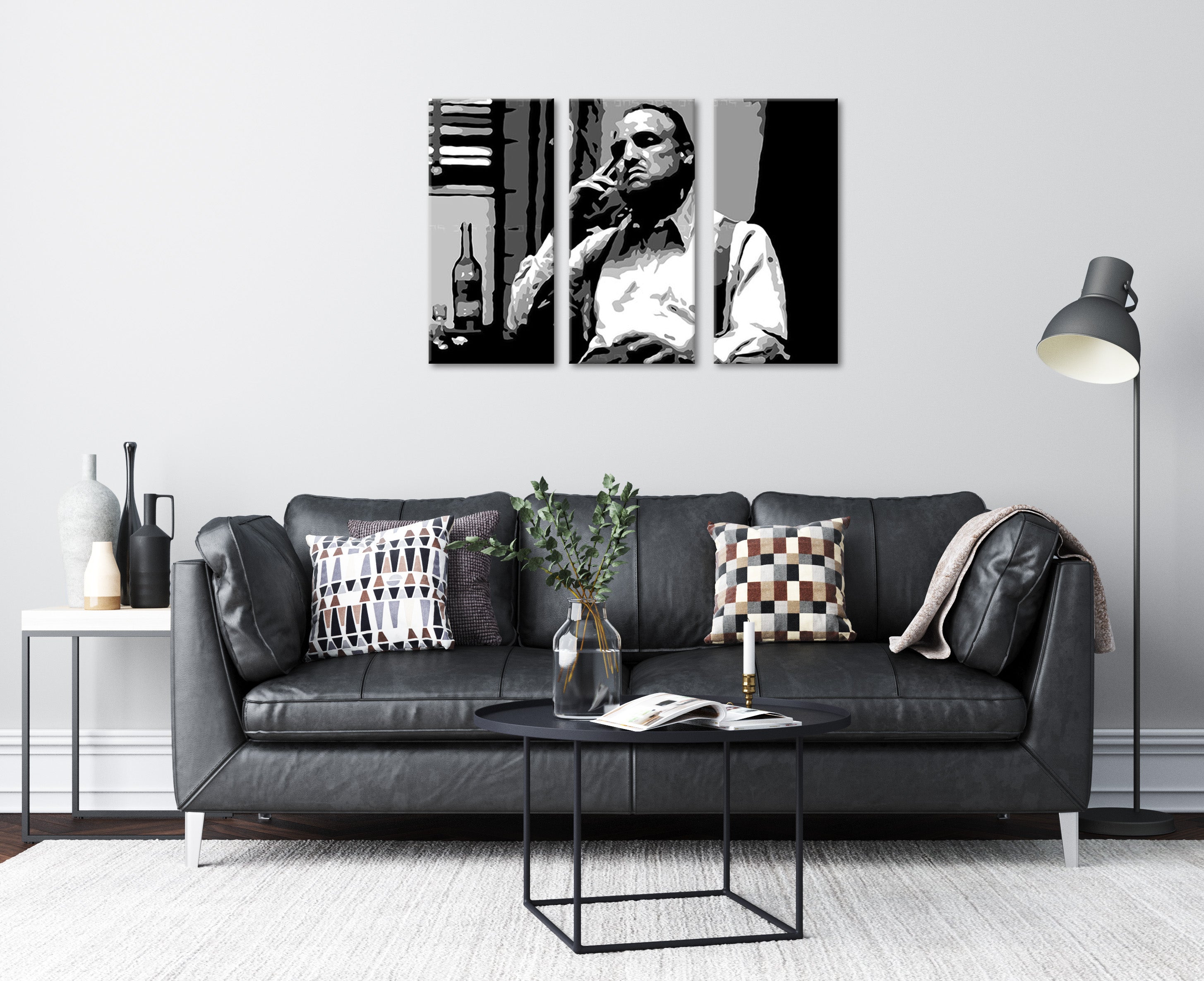 Pop art tablou pe pânză cu motivul Marlon Brando, țigară de foi, sticlă, natură în alb-gri nuanțe, atmosferă dramatică, lumea filmului și forță și putere – principală