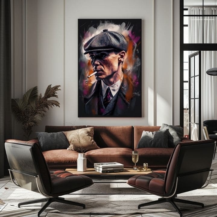 Pictat manual tablou pe pânză cu motivul Tommy Shelby: Rege ulíc, țigară de foi în gri-negru nuanțe | Tablou Tommy Shelby: Rege ulíc – produs, vedere 3