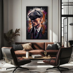 Pictat manual tablou pe pânză cu motivul Tommy Shelby: Rege ulíc, țigară de foi în gri-negru nuanțe | Tablou Tommy Shelby: Rege ulíc – produs, vedere 3