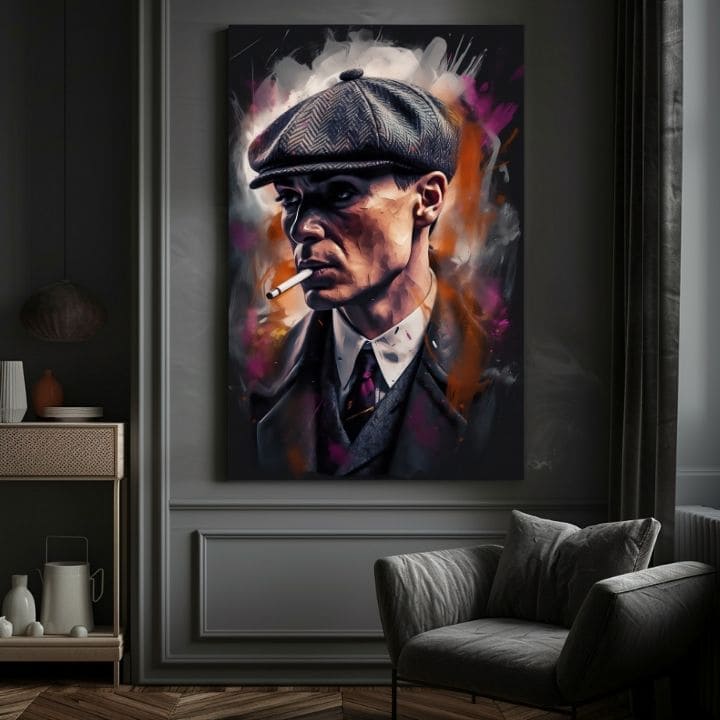 Pictat manual tablou pe pânză cu motivul Tommy Shelby: Rege ulíc, țigară de foi în gri-negru nuanțe | Tablou Tommy Shelby: Rege ulíc – produs, vedere 4