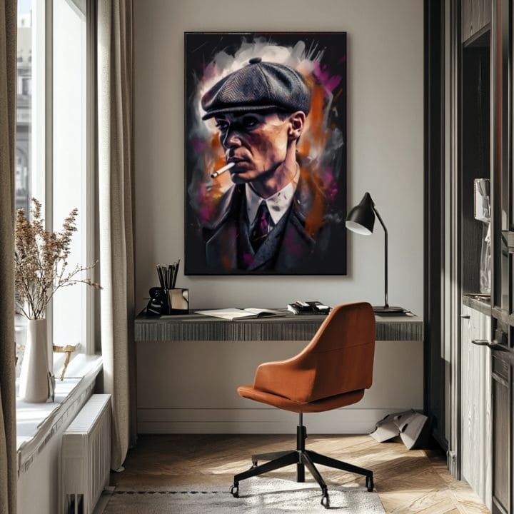 Pictat manual tablou pe pânză cu motivul Tommy Shelby: Rege ulíc, țigară de foi în gri-negru nuanțe | Tablou Tommy Shelby: Rege ulíc – produs, vedere 5