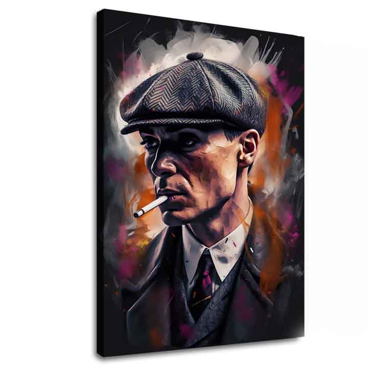 Pictat manual tablou pe pânză cu motivul Tommy Shelby: Rege ulíc, țigară de foi în gri-negru nuanțe | Tablou Tommy Shelby: Rege ulíc – principală