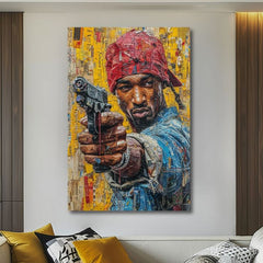Pictat manual tablou pe pânză cu motivul Tupac Shakur - Rapová gangster în galben-roșu nuanțe, viață urbană | Tablou Tupac Shakur - Rapová gangster – produs, vedere 2