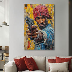 Pictat manual tablou pe pânză cu motivul Tupac Shakur - Rapová gangster în galben-roșu nuanțe, viață urbană | Tablou Tupac Shakur - Rapová gangster – produs