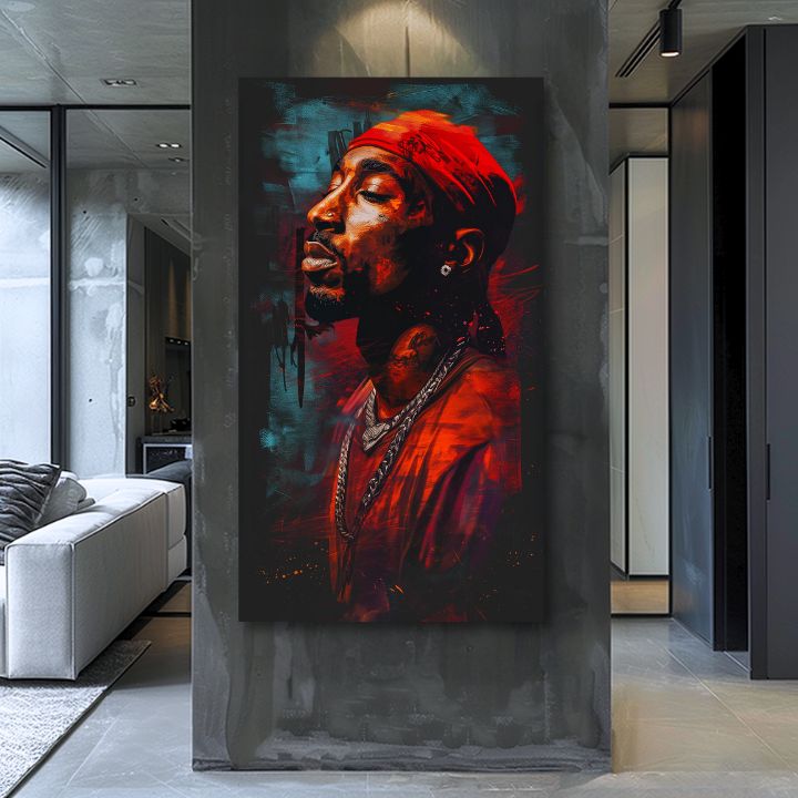 Pictat manual tablou pe pânză cu motivul Tupac Shakur - Ikona za mikrofónom în roșu-negru nuanțe, atmosferă intensă | Tablou Tupac Shakur - Ikona za mikrofónom – produs, vedere 2