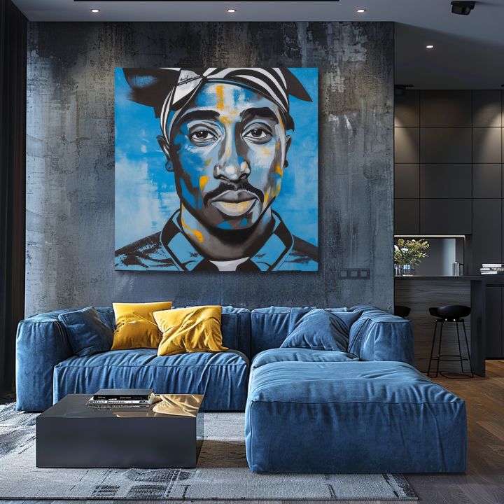 Pictat manual tablou pe pânză cu motivul Tupac Shakur - Rapper v nebi în negru-alb nuanțe, atmosferă intensă | Tablou Tupac Shakur - Rapper v nebi – produs