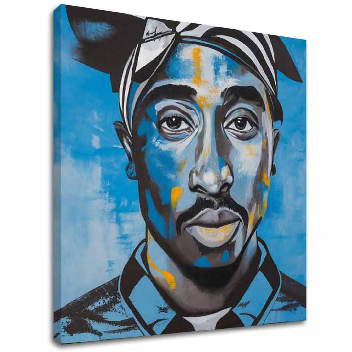 Pictat manual tablou pe pânză cu motivul Tupac Shakur - Rapper v nebi în negru-alb nuanțe, atmosferă intensă | Tablou Tupac Shakur - Rapper v nebi – principală