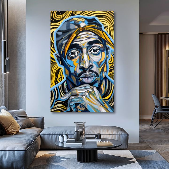Pictat manual tablou pe pânză cu motivul Tupac Shakur - Zlaté tóny rapu în auriu-negru nuanțe, atmosferă intensă, glorie | Tablou Tupac Shakur - Zlaté tóny rapu – produs