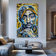 Pictat manual tablou pe pânză cu motivul Tupac Shakur - Zlaté tóny rapu în auriu-negru nuanțe, atmosferă intensă, glorie | Tablou Tupac Shakur - Zlaté tóny rapu – produs