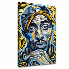 Pictat manual tablou pe pânză cu motivul Tupac Shakur - Zlaté tóny rapu în auriu-negru nuanțe, atmosferă intensă, glorie | Tablou Tupac Shakur - Zlaté tóny rapu – principală