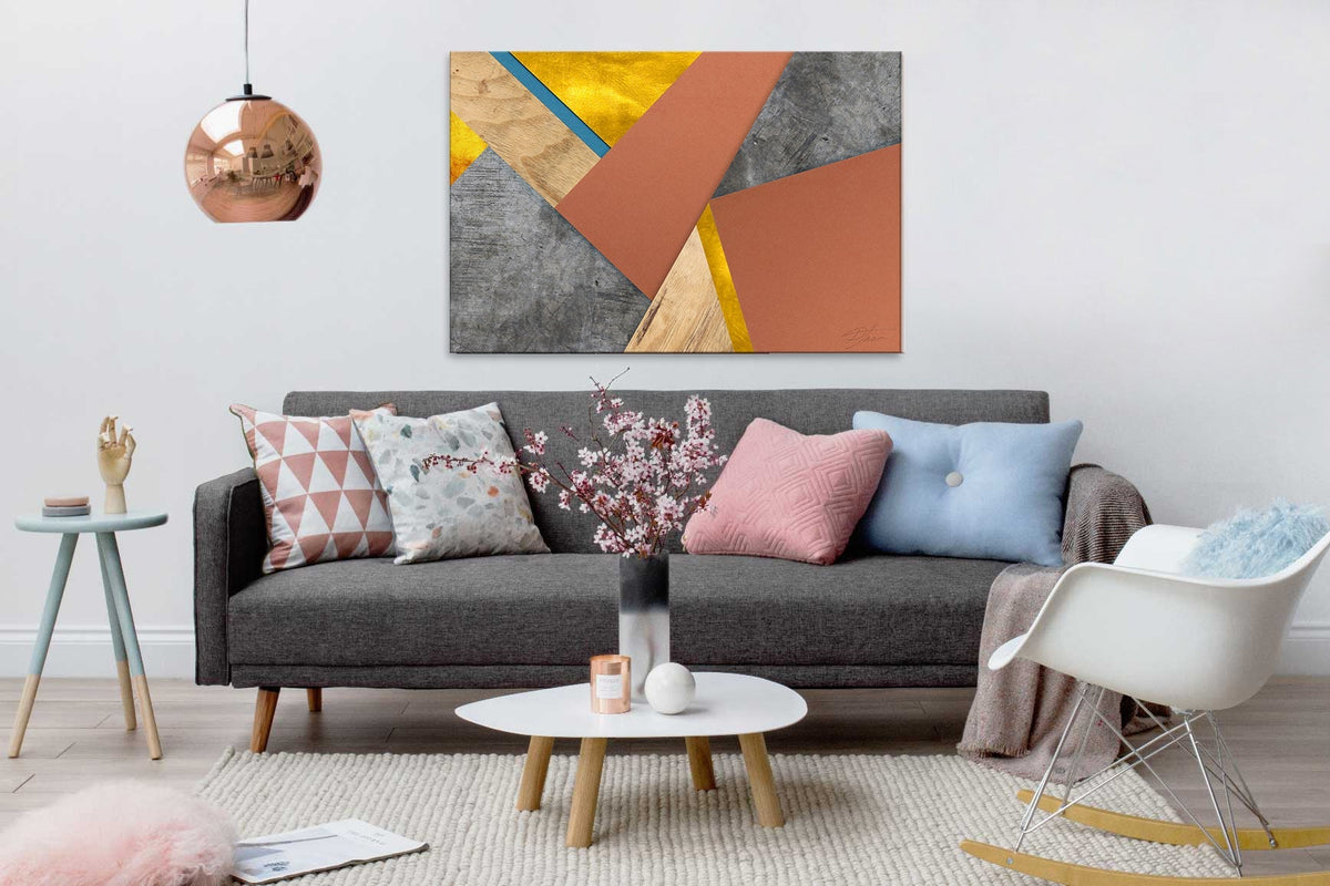 Geometric tablou pe pânză cu motivul Turning Tables, natură în alb-albastru nuanțe agățat în interiorul birou de lucru, atmosferă sofisticată – interior