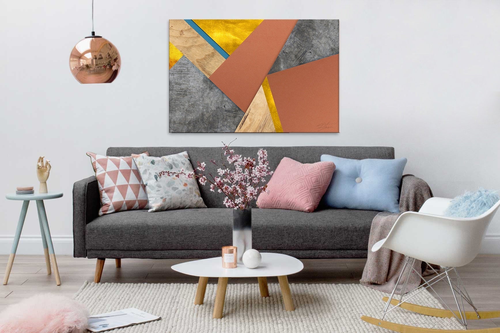 Geometric tablou cu motivul Turning Tables, natură în alb-albastru nuanțe | Tablou de perete Turning Tables – previzualizare