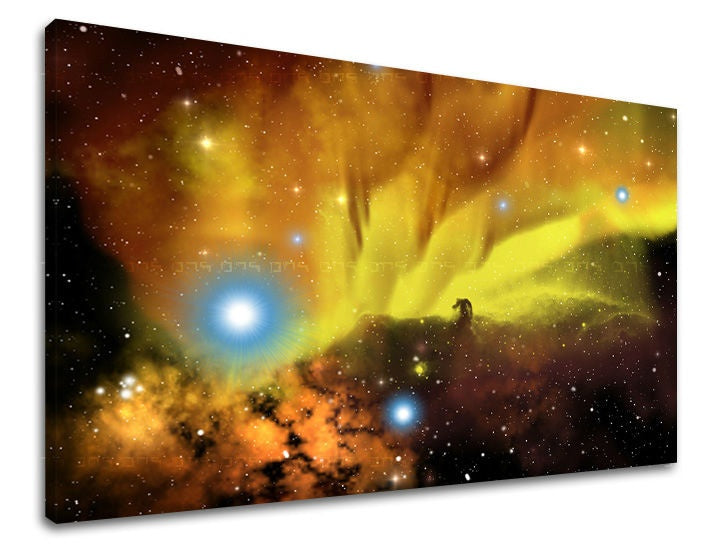 Clasic tablou pe pânză cu motivul stele, siluetă, galaxie, univers în albastru-portocaliu nuanțe, atmosferă eterică, singurătate, potrivit pentru sufragerie – principală