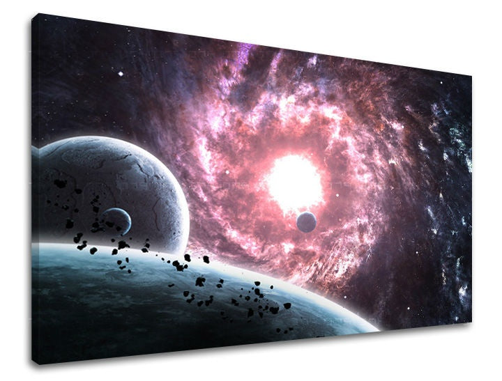 Clasic tablou pe pânză cu motivul stele, peisaj, hartă, natură, univers în alb-violet nuanțe, atmosferă eterică, potrivit pentru sufragerie – principală