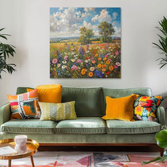 Art deco tablou pe pânză cu motivul floral câmpului na pânză Letná pajiște, pajiște, cer, nori, copaci în albastru-roz nuanțe, potrivit pentru hol – produs, vedere 2