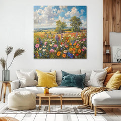 Art deco tablou pe pânză cu motivul floral câmpului na pânză Letná pajiște, pajiște, cer, nori, copaci în albastru-roz nuanțe, potrivit pentru hol – produs