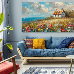 Geometric tablou pe pânză cu motivul Vidiecky dom v kvetoch, ocean, cer, păsări, peisaj în alb-albastru nuanțe, atmosferă liniștită, potrivit pentru hol – produs