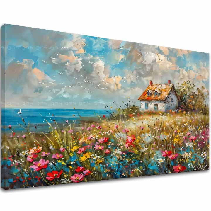 Geometric tablou pe pânză cu motivul Vidiecky dom v kvetoch, ocean, cer, păsări, peisaj în alb-albastru nuanțe, atmosferă liniștită, potrivit pentru hol – principală
