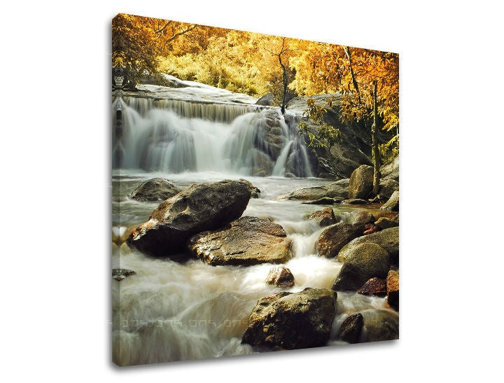 Industrial tablou pe pânză cu motivul CASCADE, cascadă, copaci, pădure, peisaj în alb-maro nuanțe, atmosferă liniștită, natură, potrivit pentru sufragerie – principală