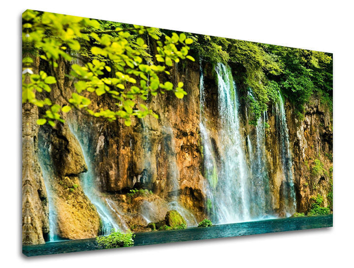 În stil boho tablou pe pânză cu motivul CASCADE, cascadă, copaci, peisaj, natură în alb-maro nuanțe, atmosferă liniștită, potrivit pentru birou – principală