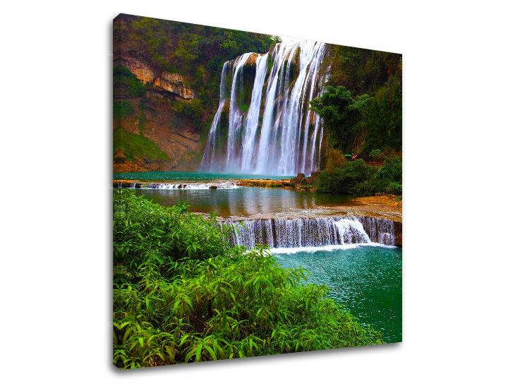 Clasic tablou pe pânză cu motivul CASCADE, cascadă, râu, peisaj în alb-turcoaz nuanțe, atmosferă liniștită, natură, potrivit pentru bucătărie – principală