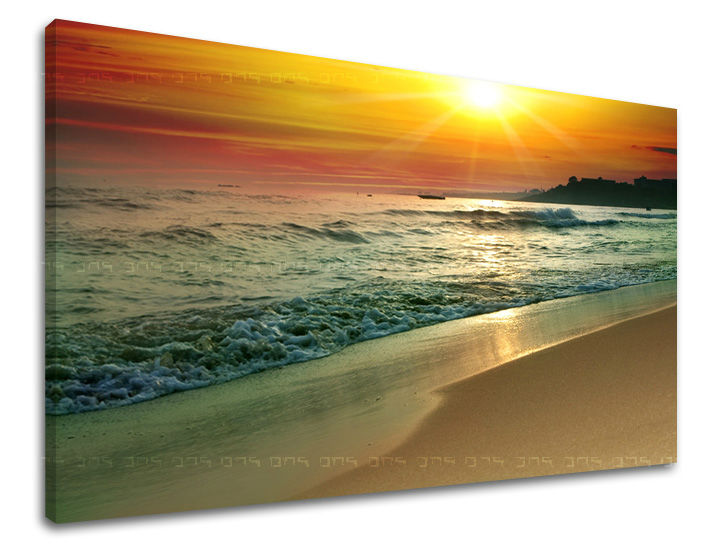 Clasic tablou pe pânză cu motivul APUS DE SOARE, soare, ocean, plajă, cer în portocaliu-auriu nuanțe, atmosferă liniștită, natură și viață la mare – principală