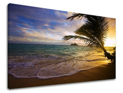 Clasic tablou pe pânză cu motivul APUS DE SOARE, palmier, ocean, plajă, peisaj în violet-albastru nuanțe, atmosferă liniștită, natură și viață la mare – principală