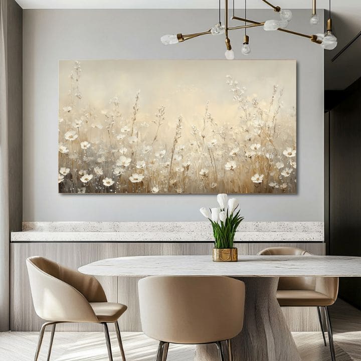 Modern tablou pe pânză cu motivul floral sen, pajiște, motiv botanic în crem-bej nuanțe, atmosferă liniștită, natură și atmosferă de primăvară – produs