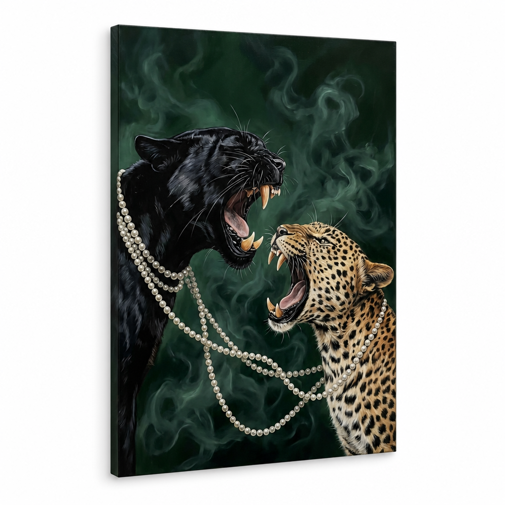 Tablou cu două feline sălbatice, panteră neagră și leopard, într-o compoziție modernă cu colier de perle, imprimare pe pânză premium de la Papilora.