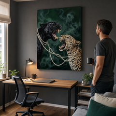 Tablou cu feline sălbatice într-un interior stilat, amplasat deasupra unei console minimalist, iluminat natural, ideal pentru un decor luxos.