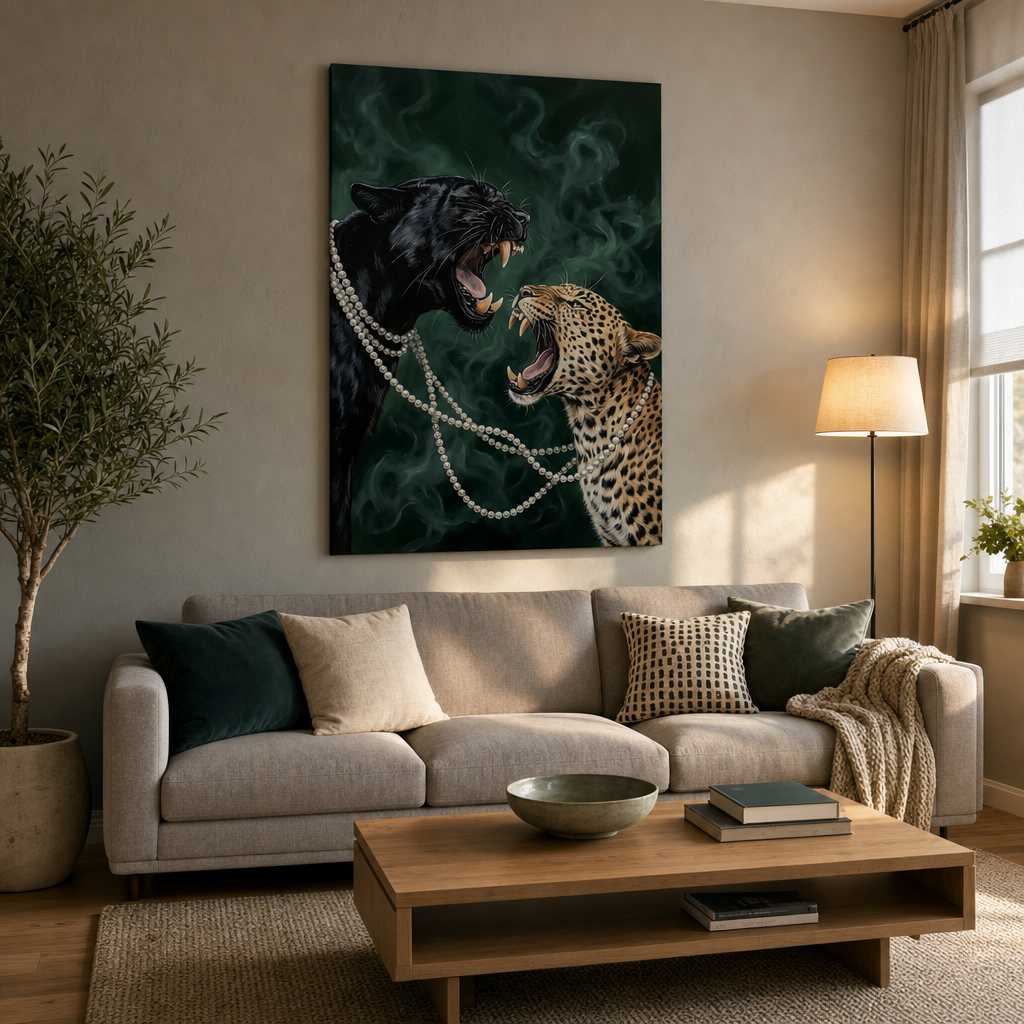 Tablou modern cu panteră și leopard expus deasupra unei console din lemn într-un living elegant, decorat cu vază și lumânări, stil contemporan.