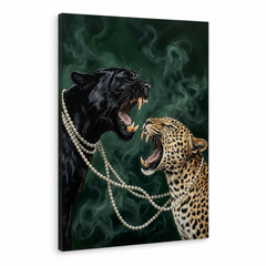 Tablou cu două feline sălbatice, panteră neagră și leopard, într-o compoziție modernă cu colier de perle, imprimare pe pânză premium de la Papilora.