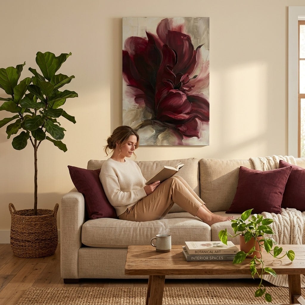 Tablou mare cu floare bordó, decorativ, expus într-un living modern deasupra unei console din lemn cu vază, stil interior elegant.