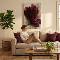 Tablou mare cu floare bordó, decorativ, expus într-un living modern deasupra unei console din lemn cu vază, stil interior elegant.