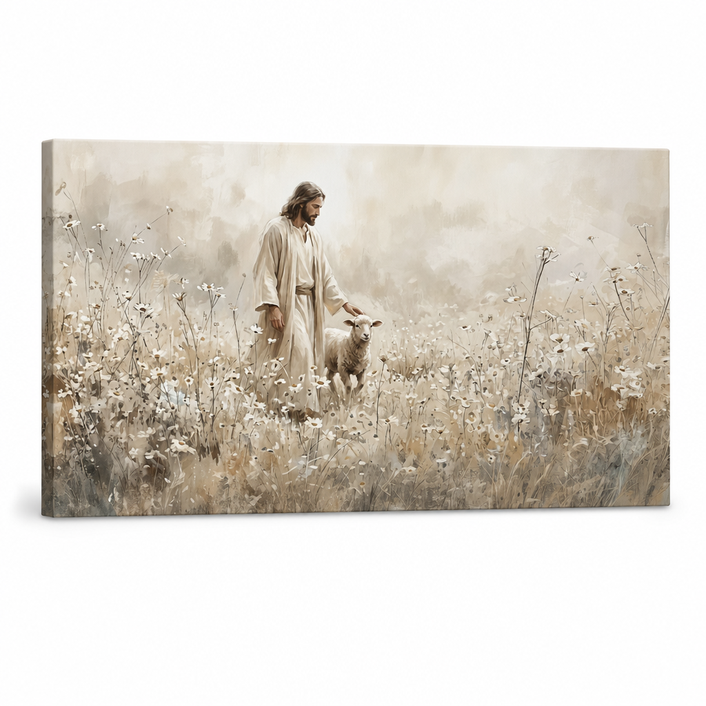 Isus Cristos într-o robă albă cu un miel, tablou pe pânză canvas cu șasiu din lemn vizibil, stil modern, Papilora.