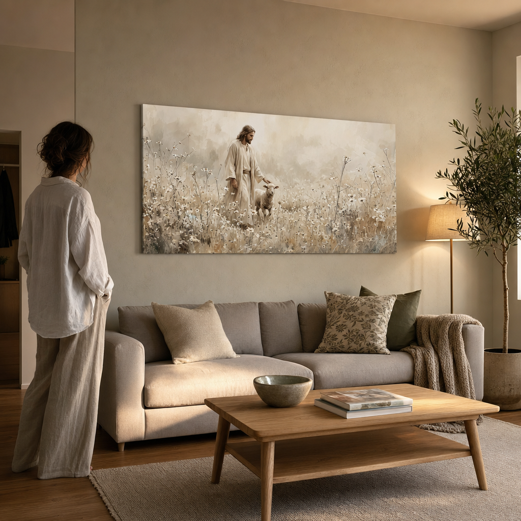 Tablou spiritual cu Isus și mielul într-un interior elegant, iluminat natural, perfect pentru un decor minimalist și cald.