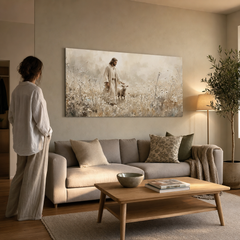 Tablou spiritual cu Isus și mielul într-un interior elegant, iluminat natural, perfect pentru un decor minimalist și cald.