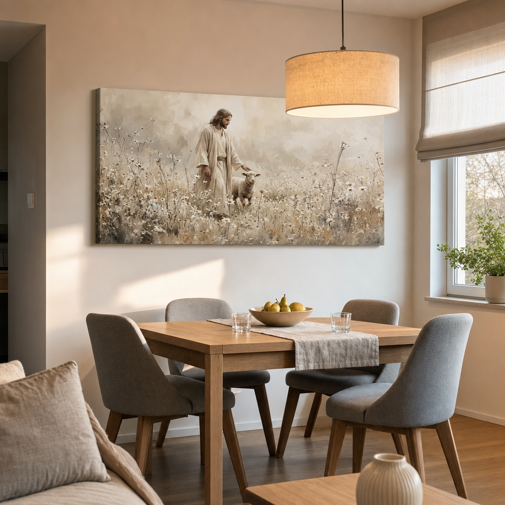 Tablou cu Isus Păstorul și mielul amplasat într-un living modern, deasupra unei console din lemn cu decorațiuni rafinate.