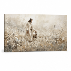 Isus Cristos într-o robă albă cu un miel, tablou pe pânză canvas cu șasiu din lemn vizibil, stil modern, Papilora.