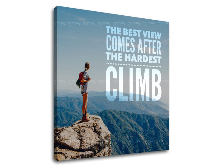 Modern tablou pe pânză cu motivul The best view comes, cer, peisaj, citat motivațional în alb-albastru nuanțe, atmosferă încurajatoare, potrivit pentru birou – produs