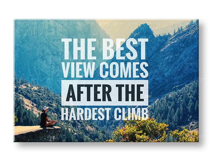 Modern tablou pe pânză cu motivul The best view comes, pădure, citat motivațional în alb-negru nuanțe, natură și pace interioară, potrivit pentru birou – principală