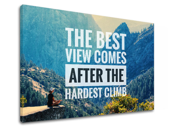 Modern tablou pe pânză cu motivul The best view comes, pădure, citat motivațional în alb-negru nuanțe, natură și pace interioară, potrivit pentru birou – produs