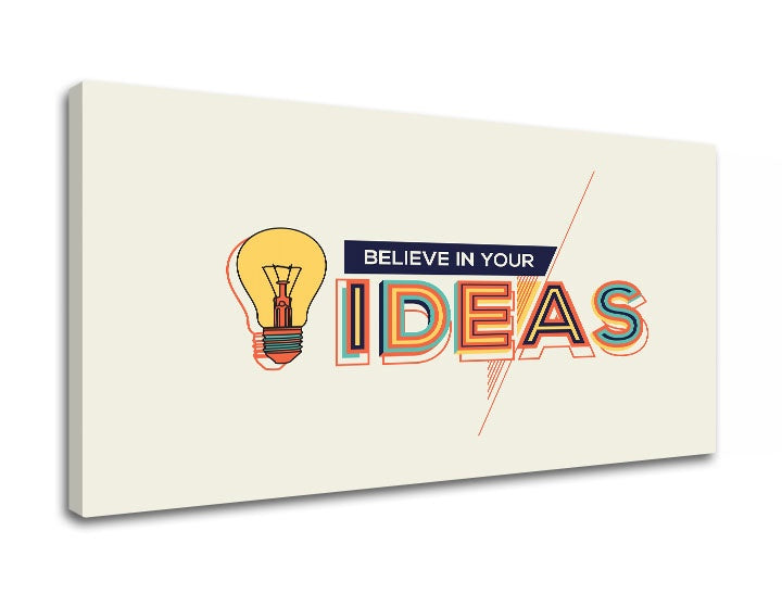 Modern tablou cu motivul Believe in your ideas, citat motivațional, natură în bej-albastru nuanțe | Motivațional tablou de perete Believe in your ideas – previzualizare