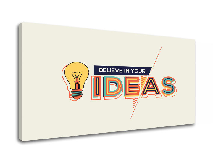 Modern tablou pe pânză cu motivul Believe in your ideas, citat motivațional, natură în bej-albastru nuanțe, creativitate | Motivațional tablou de perete Believe in your ideas – produs
