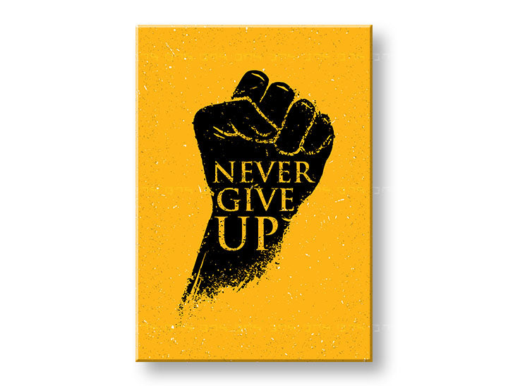 Modern tablou pe pânză cu motivul Never give up, citat motivațional în negru-galben nuanțe, forță, potrivit pentru birou | Motivațional tablou de perete Never give up – principală